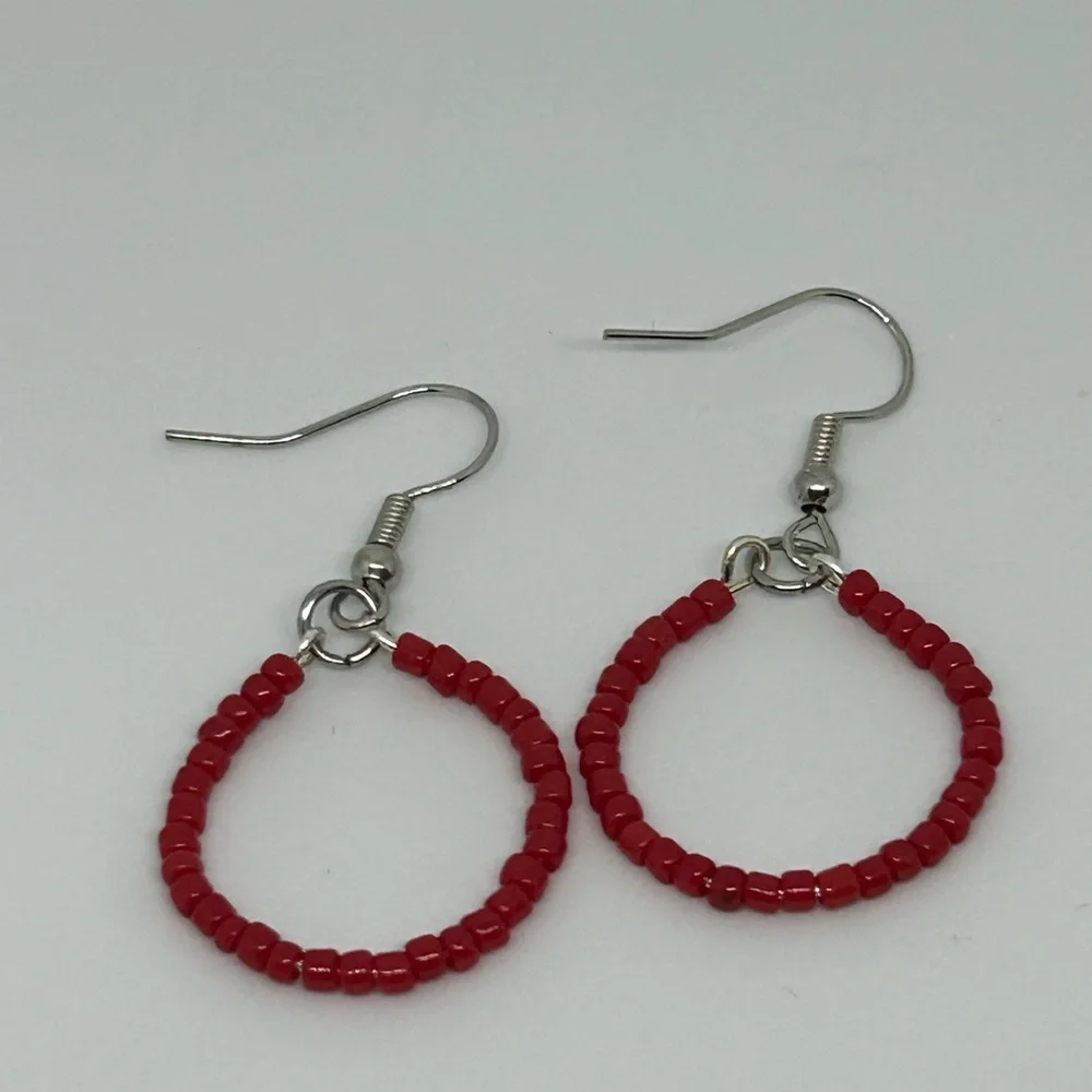 Small beaded hoop earrings red seed bead earrings handmade